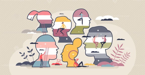 Gender identity and colorful human orientation profiles tiny person concept
