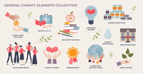 General charity, volunteer and social aid elements in tiny person collection