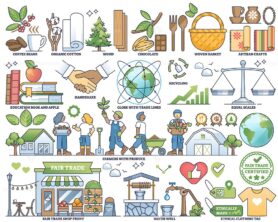 General fair trade elements with ethical supply chain outline collection set