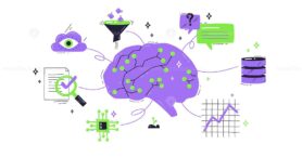 Generative AI concept with a brain, cloud, and data nodes, illustrating creativity and technology. Playful style