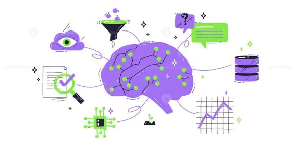 Generative AI concept with a brain, cloud, and data nodes, illustrating creativity and technology. Playful style