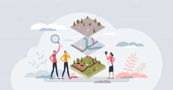 Geodata mapping with geo data layers and grid information tiny person concept