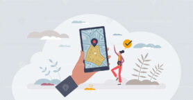 Geofencing as map area boundary for marketing action tiny person concept