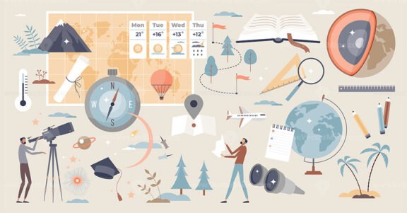 Geography study elements, travel and geology items tiny person collection set