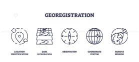 Outline icons set depicting georegistration concepts, location identification, data integration, orientation, coordinate system, and remote sensing.