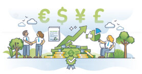Global economic growth with money stock market development outline concept