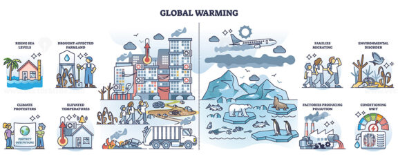 Global warming and climate temperature rising risks in outline collection set