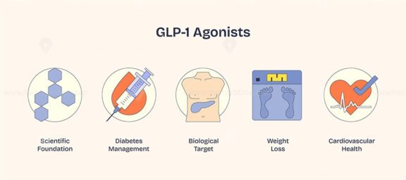 GLP-1 agonists focus on diabetes management, weight loss, and cardiovascular health, depicted with syringe, scale, and heart. Neubrutalism style