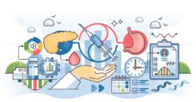 GLP-1 drugs concept with syringe, pancreas, and stomach illustrating treatment. Outline style