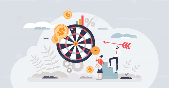 Goal setting for achievable business targets and vision tiny person concept