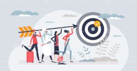 Goals and targets success from various occupations tiny person concept