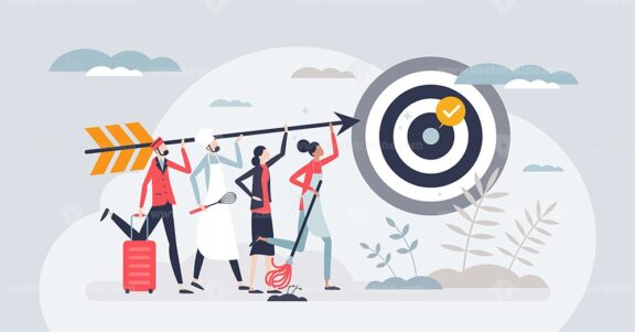 Goals and targets success from various occupations tiny person concept