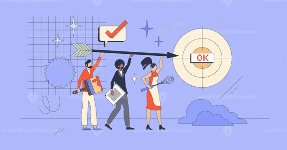 Goals and targets success from various occupations retro tiny person concept