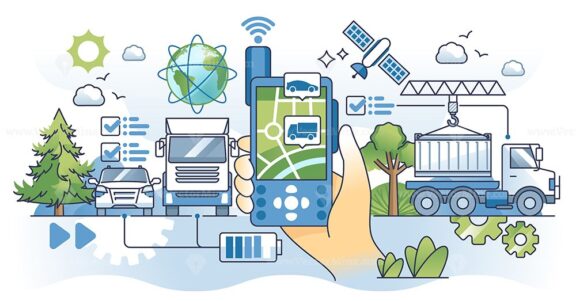 GPS fleet tracking with vehicle positioning system outline hands concept