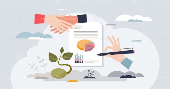 Grant writing as application for financial support tiny person hands concept