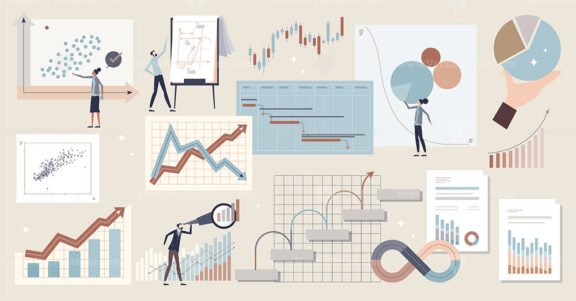 Graphs and financial analysis bars with pie charts tiny person collection