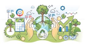 Green accounting and corporate business sustainability outline hands concept