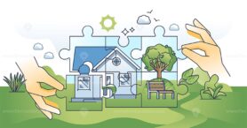 Green building design for sustainable home building in hands outline concept