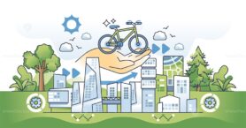 Green commute and nature friendly transportation outline hands concept