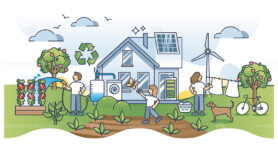 Green family home with sustainable ecological lifestyle scene outline concept