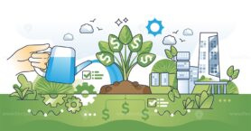 Green growth with sustainable or nature friendly profit outline hands concept