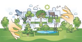 Green infrastructure with sustainable city parks hands outline concept