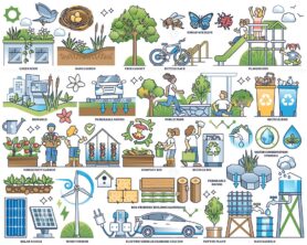 Green infrastructure and nature friendly lifestyle outline collection set