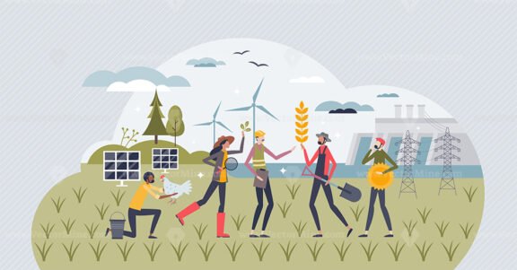 Green jobs and workers with nature sustainable approach tiny person concept