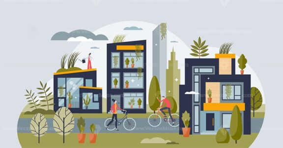 Green living and sustainable lifestyle urban community tiny person concept