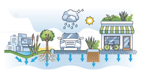 Green storm water infrastructure with ecological solutions outline concept