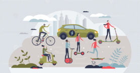 Green transportation with environmental friendly energy tiny person concept