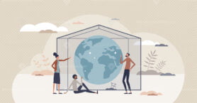 Greenhouse effect as earth gases trap in atmosphere tiny person concept