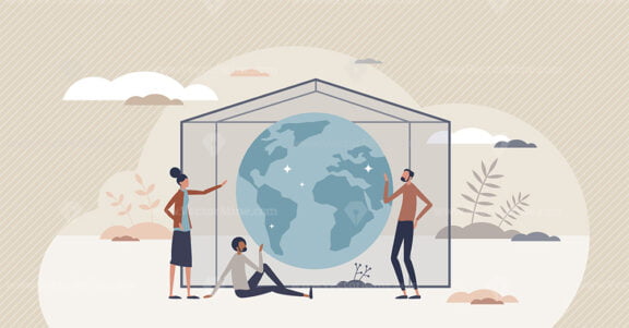 Greenhouse effect as earth gases trap in atmosphere tiny person concept