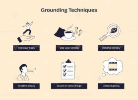 Grounding techniques are illustrated with doodles showing body awareness, sensory use, and mindful observation. Doodle style diagram