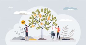 Growth and success with financial money tree with profit tiny person concept