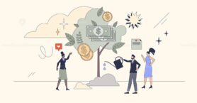 Growth and success with financial money tree retro tiny person concept
