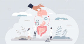 Gut brain axis as emotional feeling and bowel connection tiny person concept