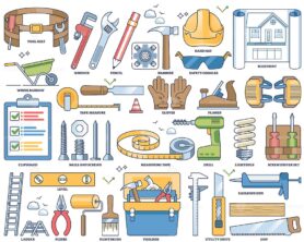 Handyman tools and professional repair work equipment outline collection set