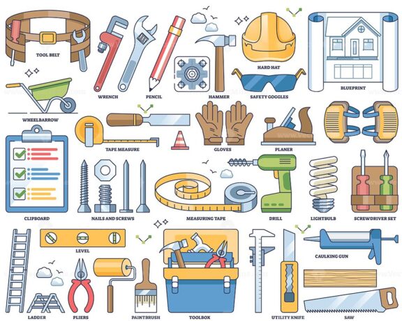 Handyman tools and professional repair work equipment outline collection set