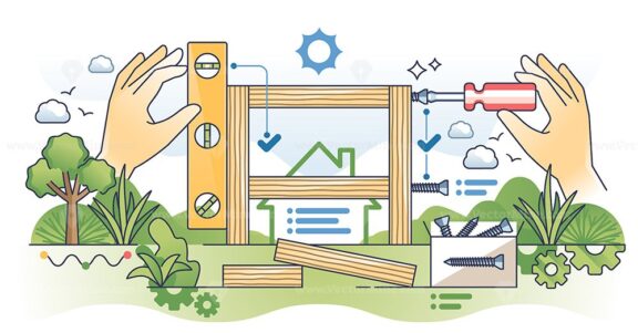 Handyman work with carpentry construction service outline hands concept