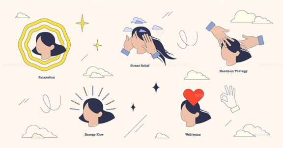 Illustrations depict head massage benefits like relaxation, stress relief, and well-being in neubrutalism style collection.