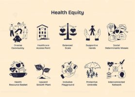 Health equity highlights diverse communities, balanced scales, and interconnected networks, symbolizing equal healthcare access and support. Doodle style