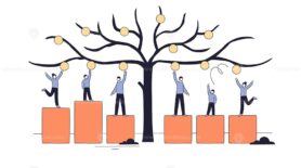 Health equity is shown by people of different heights reaching fruit on a tree with equal help from blocks. Key objects, tree, people, blocks. Doodle style