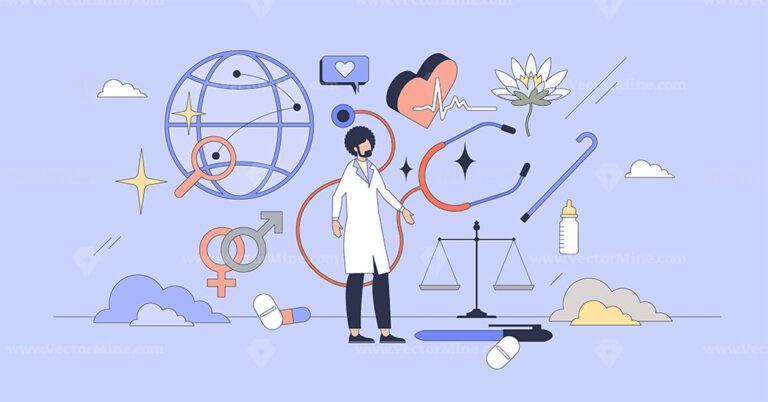 Health equity for every gender or race tiny person neubrutalism concept