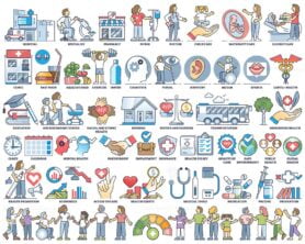 Health equity and medical system social elements outline collection set