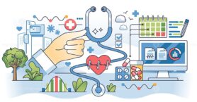 Healthcare marketing and pharmacy management services outline hands concept