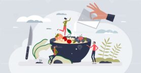 Healthy breakfast as fresh food for morning meal tiny person hands concept