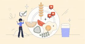 Healthy eating habits with nutritious food tiny person neubrutalism concept