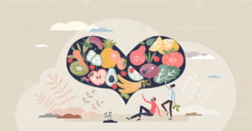 Healthy food and balanced eating with vitamin nutrition tiny person concept.