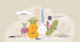 Healthy food products as happy vegetables with cute faces tiny person concept